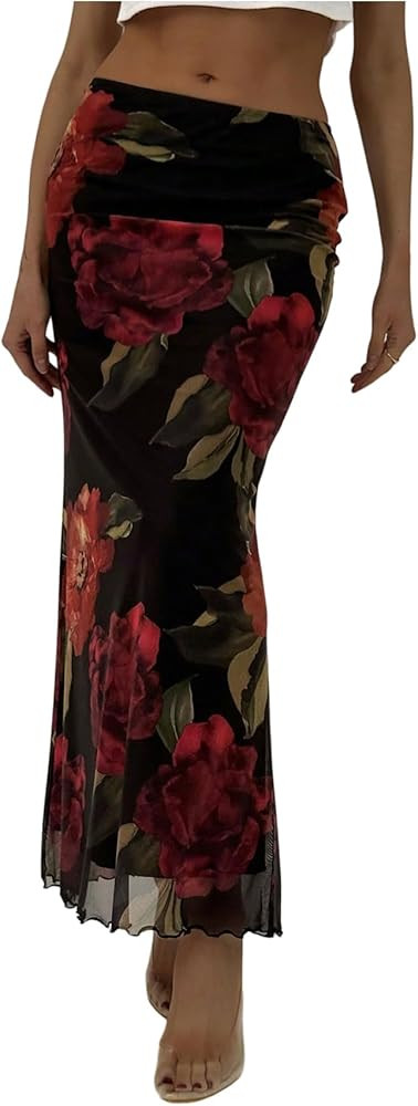 Women's Floral Mesh Bodycon Maxi Skirts Lettuce Trim Going Out Skinny Skirt | Amazon (US)