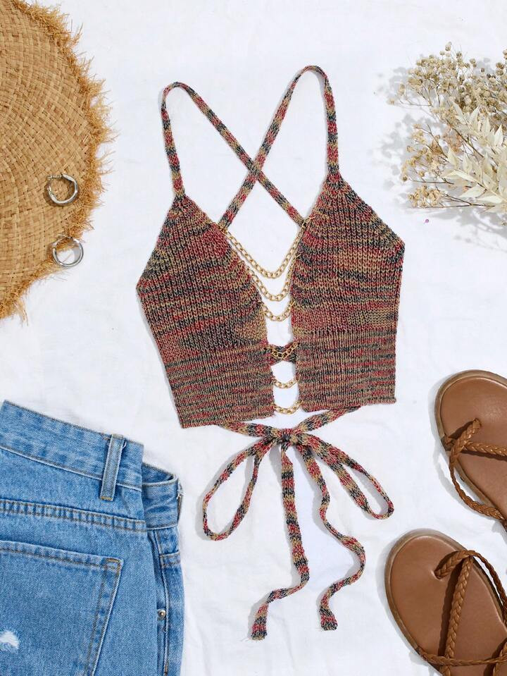 SHEIN Holidaya Women Chain Hollow Out Fashionable Vacation Matching Knitted Top | SHEIN