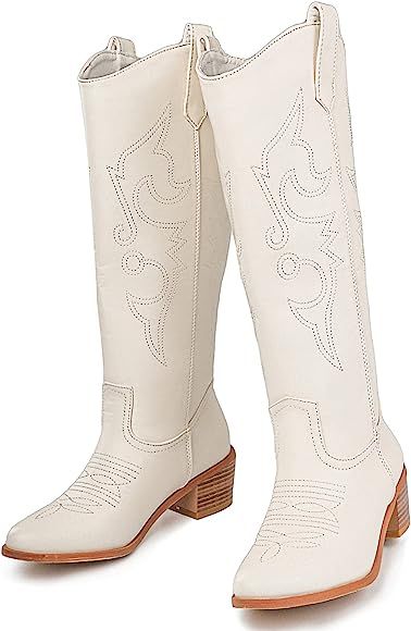 Women's Embroidered Western Cowgirl Boots Chunky Stacked Heel Mid Calf Cowboy Boots Pull On Round... | Amazon (US)