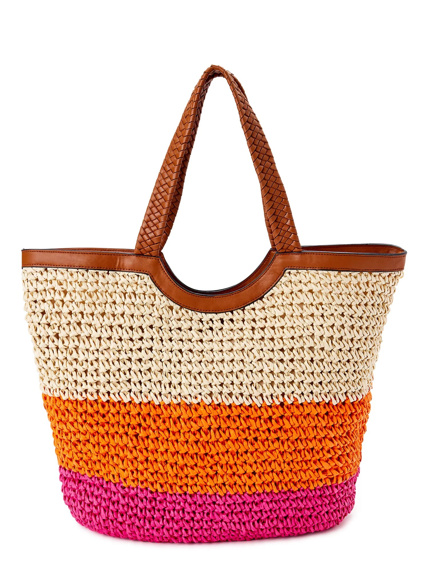 Time and Tru Extra Large Woven Straw Beach Travel Tote Bag | Walmart (US)
