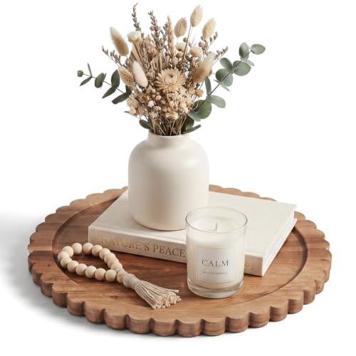 Solid Acacia Wood Decorative Tray, 12 Inch Round Scalloped Wood Tray Wooden Coffee Table Tray | Amazon (US)