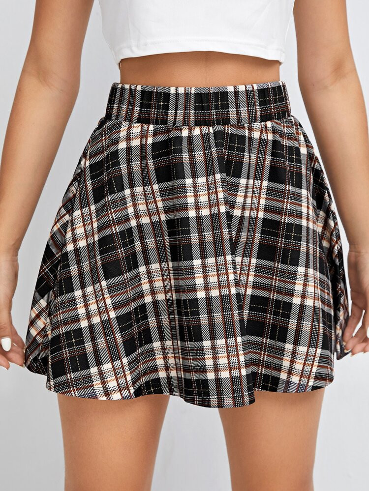 SHEIN Plaid Elastic Waist Flare Skirt | SHEIN