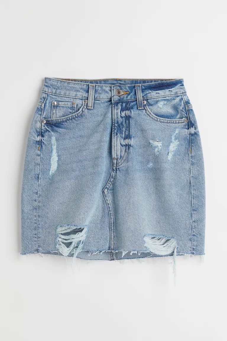 Short, 5-pocket skirt in stretch cotton denim with heavily distressed details. Extra-high waist, ... | H&M (US + CA)