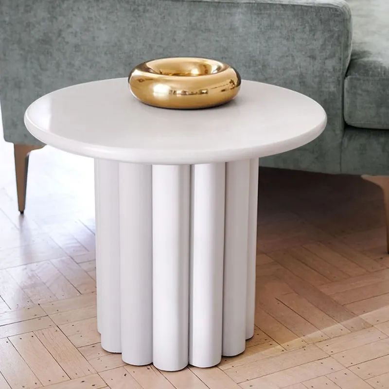 Yarnic Japandi White Fluted Side Table Round Wood End Table with Unique Design-Homary | Homary.com