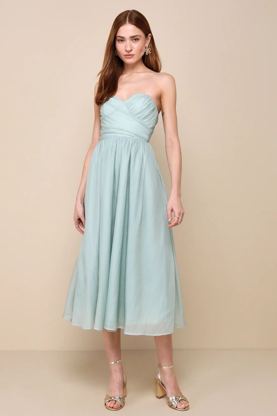 Fairytale Design Sage Green Organza Strapless A-Line Midi Dress | Lulus