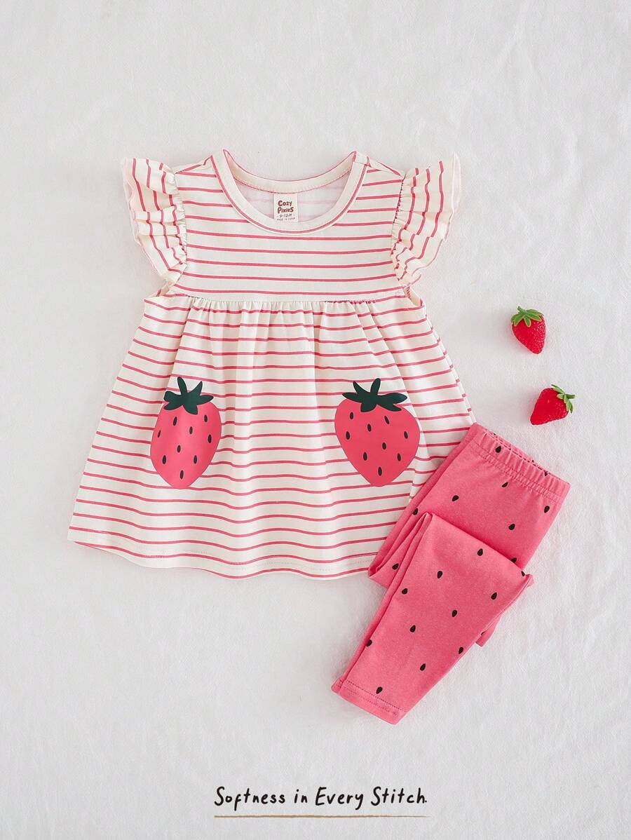 Cozy Pixies Baby Girls 2Pcs Set: Strawberry Pattern Round Neck Ruffle Trim Top And Elastic Waist ... | SHEIN
