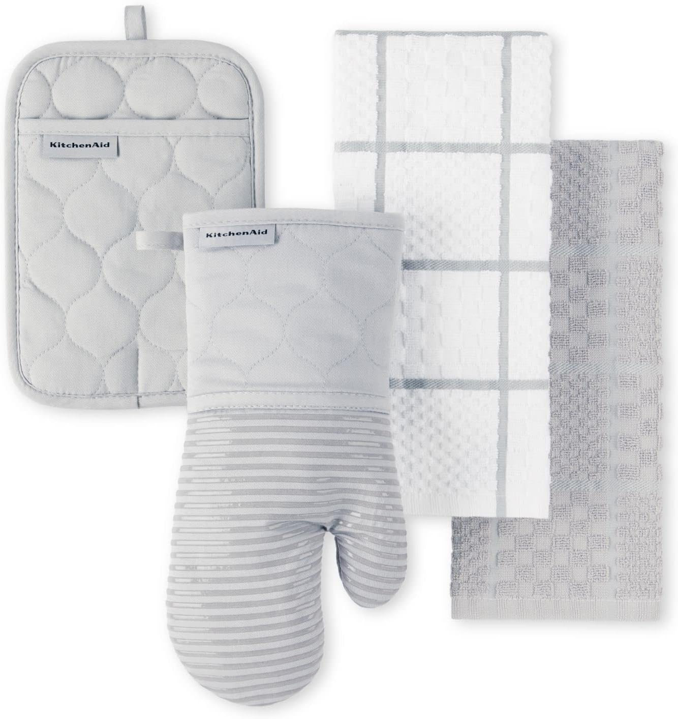 KITCHENAID Quilted Cotton Terry Cloth Oven Mitt, Pot Holder, Kitchen Towel 4-Pack Set, Heat Resistant, Silicone Grip, 16"x26", 7"x13" & 7"x10", Matte Grey | Amazon (US)