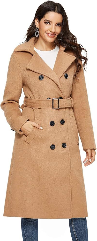 Escalier Womens Wool Coat Double Breasted Winter Long Trench Coat with Belt | Amazon (US)