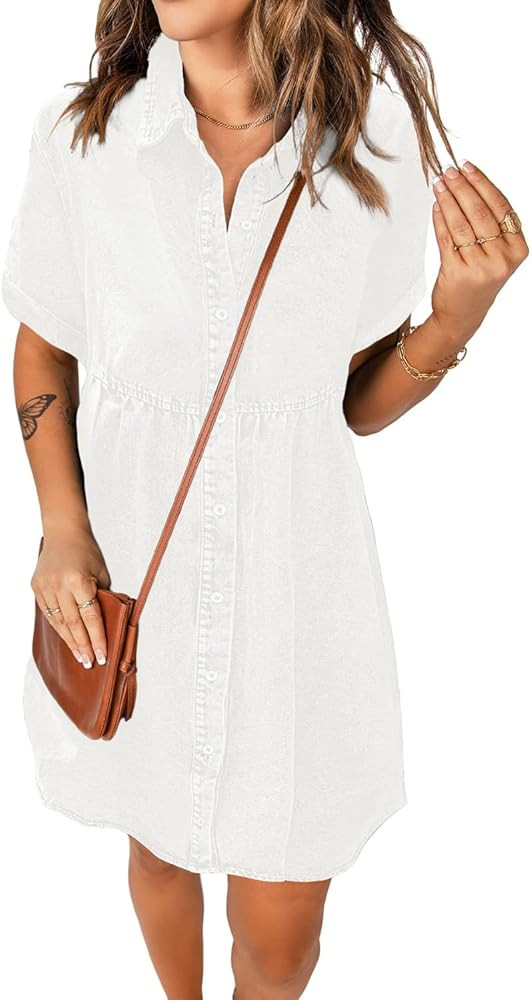 luvamia Women's Casual Short Sleeve Button Down Tiered Denim Babydoll Jean Dress | Amazon (US)