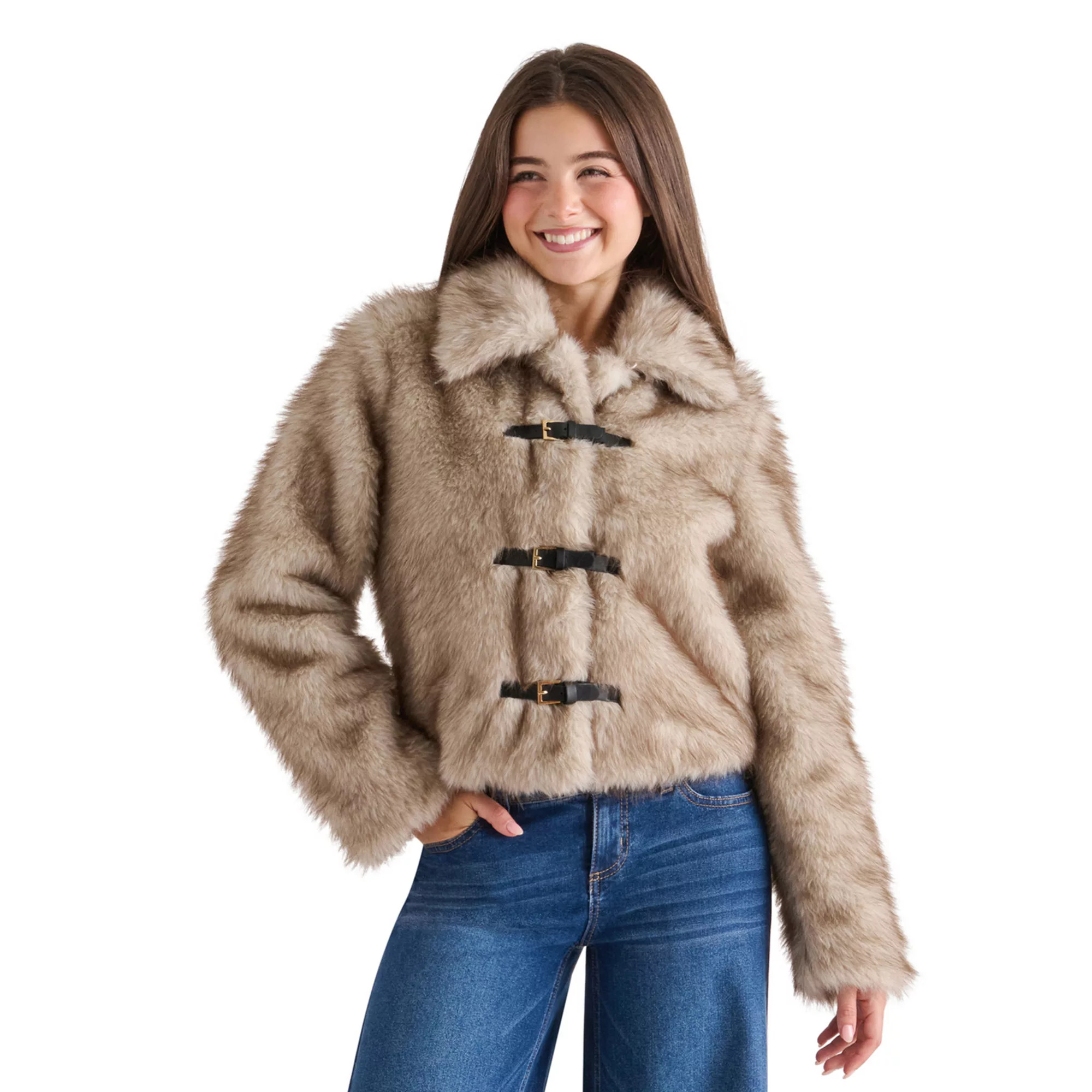 Juniors' madden girl Faux Fur Jacket With Belt Toggle, Girl's, Size: XL, Brown Combo | Kohl's