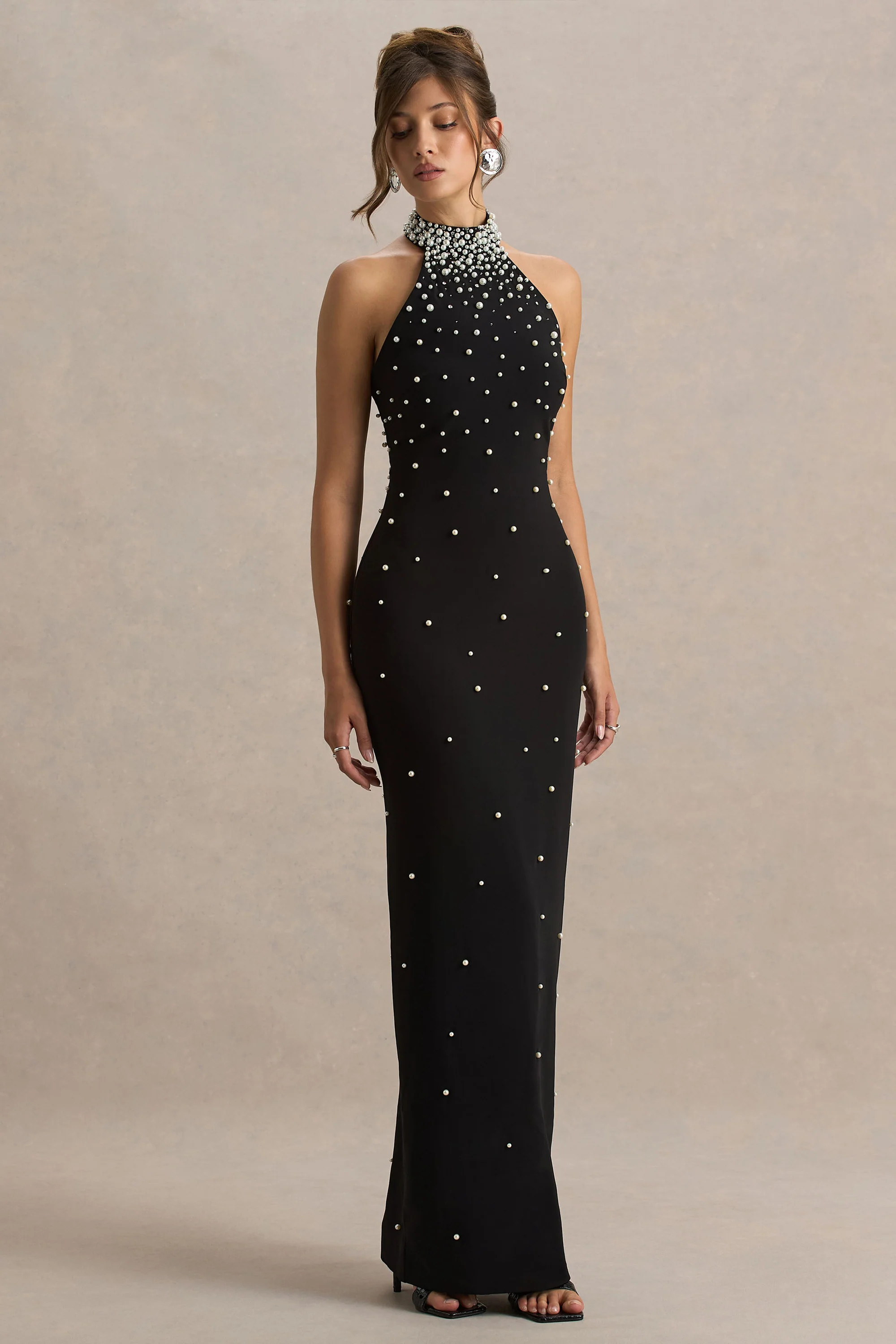 Dani | Black Hand-Embellished Halter-Neck Maxi Dress | Club L London