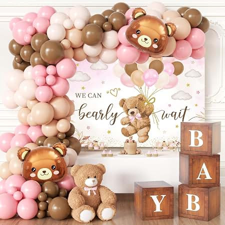 BIENAN Pink Bear Baby Shower Decorations for Girl | Easy setup,134pcs Include Pink Brown Foil Bal... | Amazon (US)