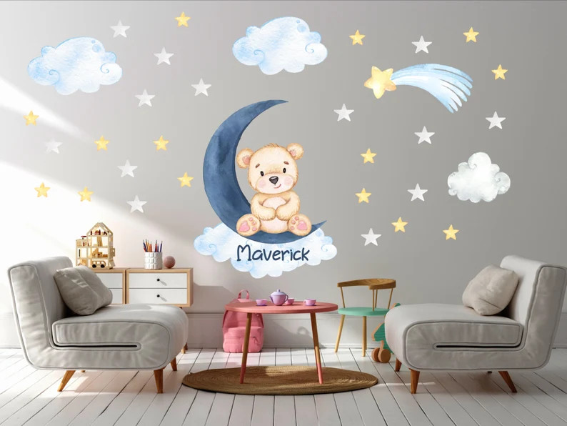 Nursery Wall Decal, Teddy Bear Wall Sticker, Wall Decor, Baby Room Decor, Baby Boy Nursery Decal,... | Etsy (US)