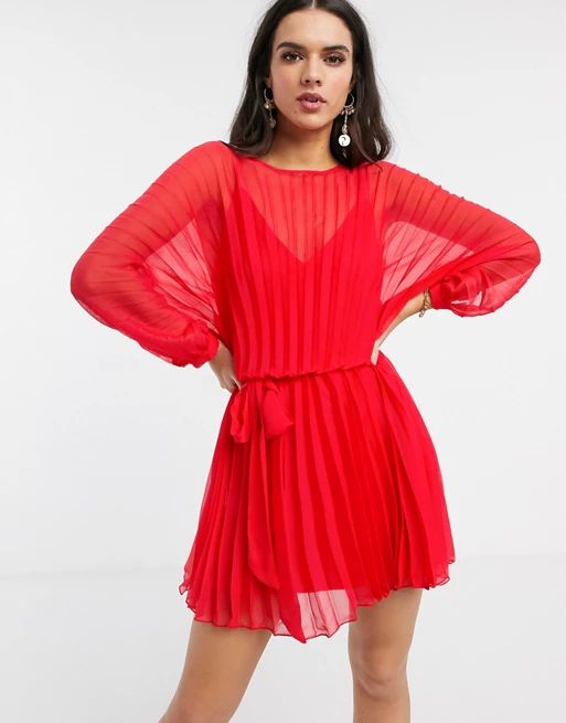 ASOS DESIGN blouson pleated mini dress with self belt | ASOS (Global)