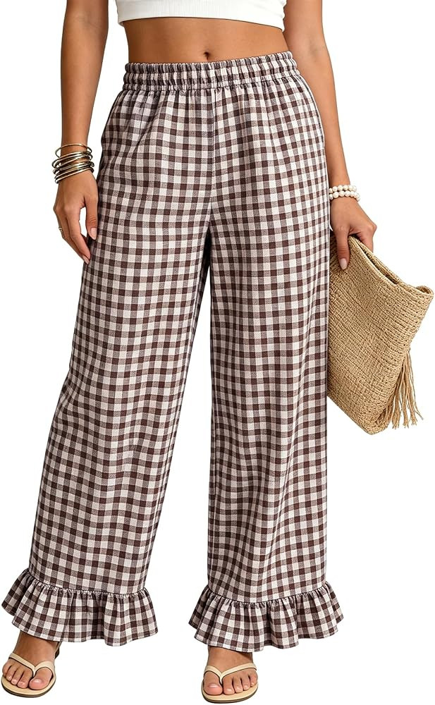 Flygo Womens Gingham Pants Cotton Wide Leg Ruffle Lounge Trousers | Amazon (US)