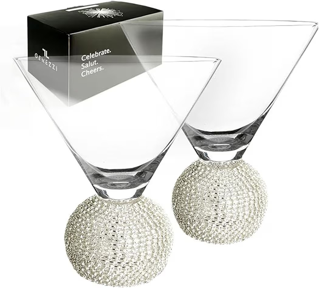 Stemless Martini Glasses Set of 2, Silver Stemless Modern Cocktail Glass, Crystal Ball Base in El... | Amazon (US)