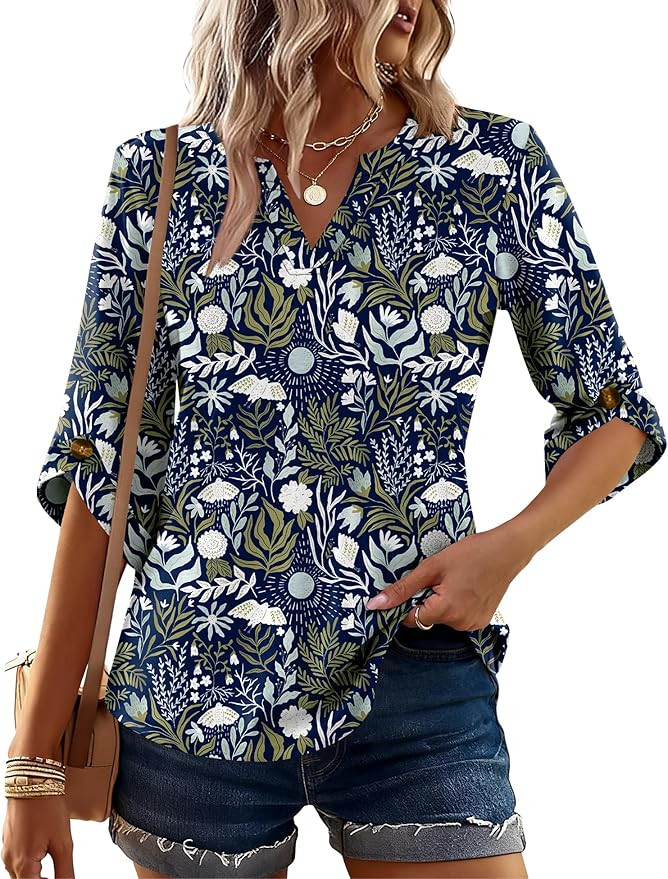 Kistore Womens 3/4 Length Sleeve Tunic Tops Casual V Neck Shirts Business Work Blouses Trendy Flo... | Amazon (US)