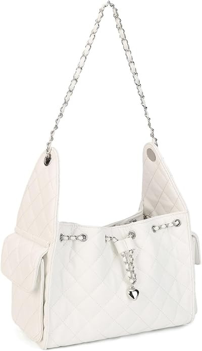 Quilted Hobo Bag for Women, Large Leather Shoulder Purse with Silver Chain Strap Ladies Tote Hand... | Amazon (US)