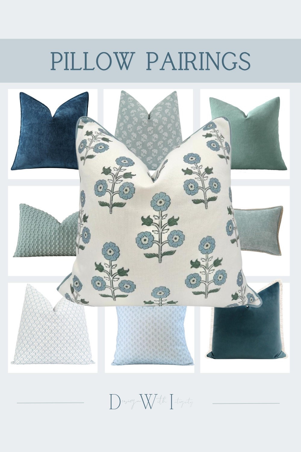 This pillow pairing blends soft botanical prints with layered blues and muted sea glass tones for a look that feels both fresh and timeless. The combination of deep navy velvet, airy aqua textures, and delicate floral motifs creates a refined balance between bold contrast and softness.

What makes this arrangement work so beautifully is the mix of scale and texture. The larger floral print becomes the focal point, while the tonal woven patterns and rich velvets ground the palette and add depth. Soft neutrals woven throughout keep the entire collection feeling light, elevated, and effortlessly cohesive.

Perfect for creating a collected designer look on a sofa, bed, or reading nook that feels polished without trying too hard.



#PillowPairings #BlueAndGreenDecor #DesignerPillows #LayeredInteriors #LuxuryHomeDecor 

 #LTKHome