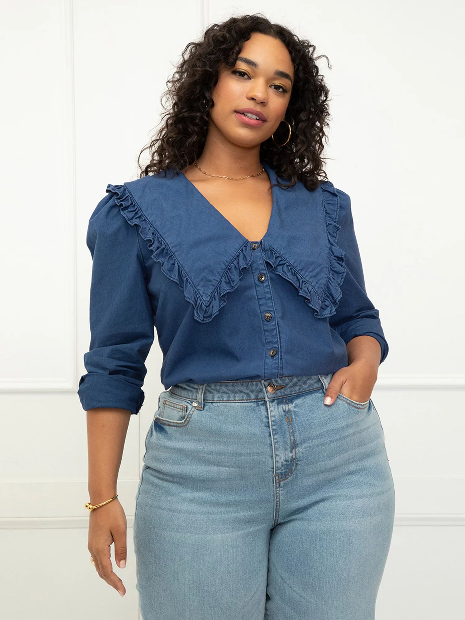 ELOQUII Elements Women's Plus Size Chambray Shirt With Collar - Walmart.com | Walmart (US)