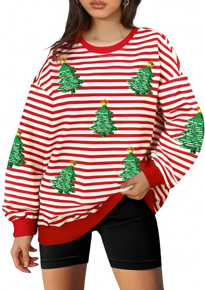 LUKYCILD Christmas Sweatshirts Women Sequin Christmas Shirts Sparkly Xmas Graphic Long Sleeve Cre... | Amazon (US)