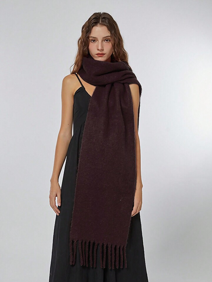 1 Pezzo Sciarpa Solida Da Donna, Collo Caldo Invernale, Scialle Con Frange Spesse In Lana Spessa ... | SHEIN