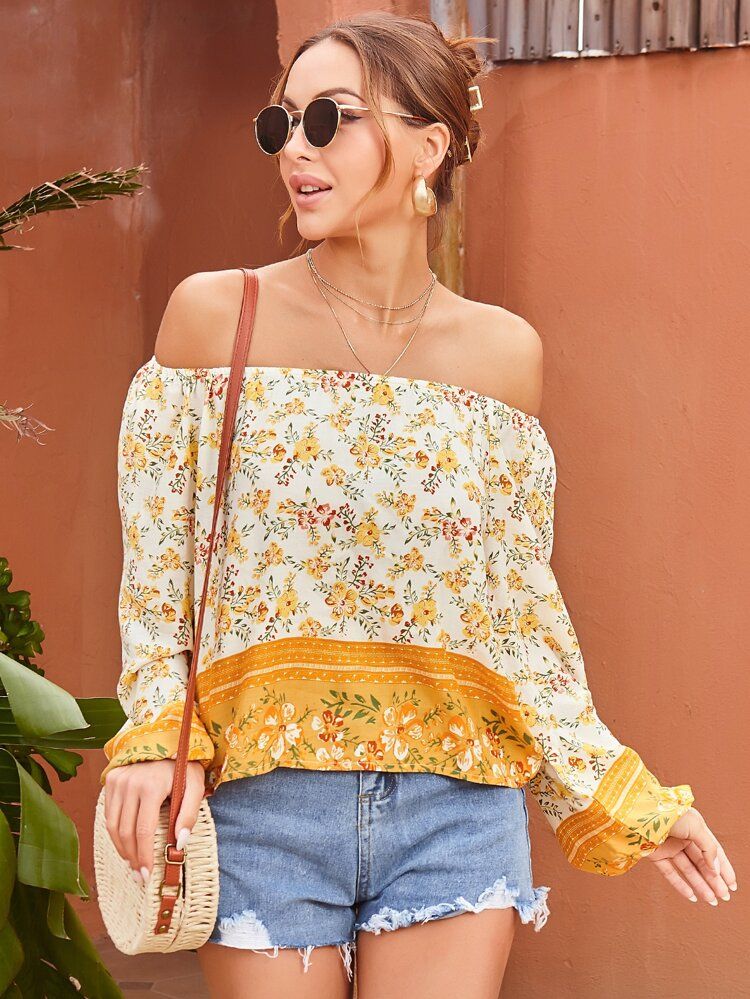 Off Shoulder Lantern Sleeve Floral Top | SHEIN