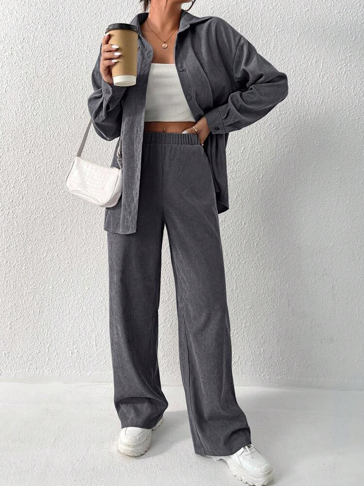 Flirla Drop Shoulder Corduroy Shirt & Pants Fall Cloth For Women | SHEIN