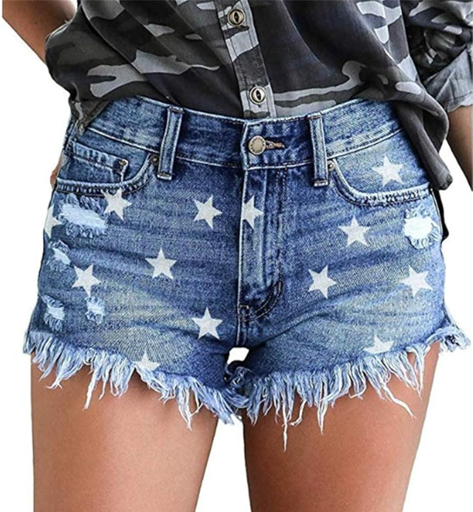 onlypuff Women's Ripped Mid Waisted Denim Shorts with Pockets | Amazon (US)