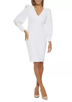 Women's Long Sleeve V-Neck Puff Sleeve Solid Sheath Dress | Belk