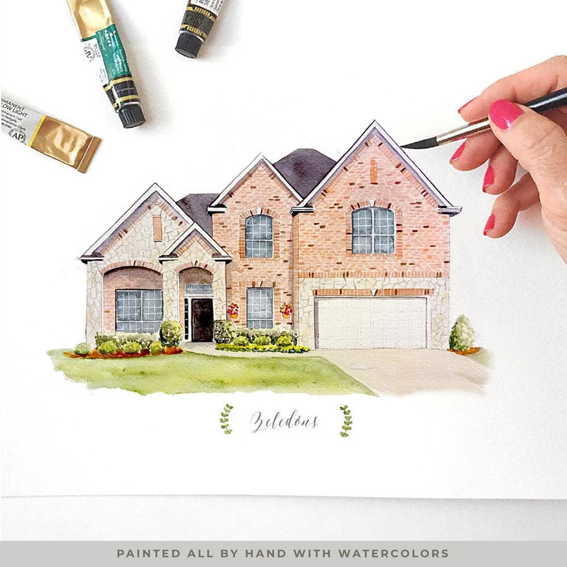 Custom House Portrait Hand Painted L Watercolor Portrait Housewarming Gift First Home Gift Mother... | Etsy (US)