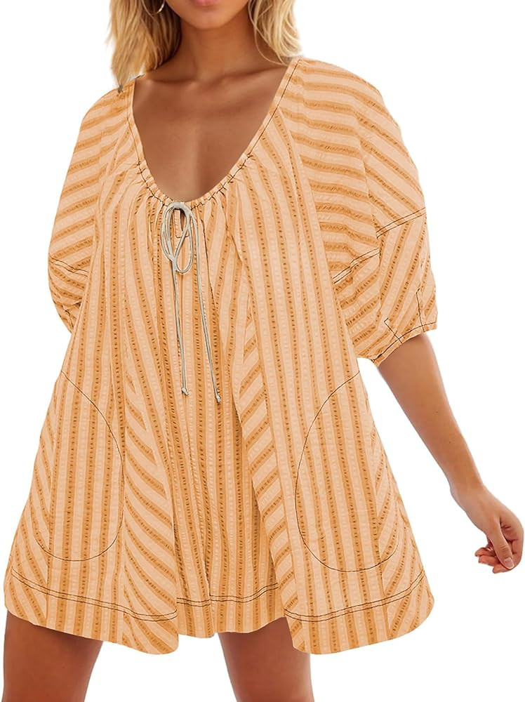 Bidobibo Summer Tshirt Rompers for Women,Striped Puff Short Sleeve Rompers,Adjustable Neck Oversi... | Amazon (US)