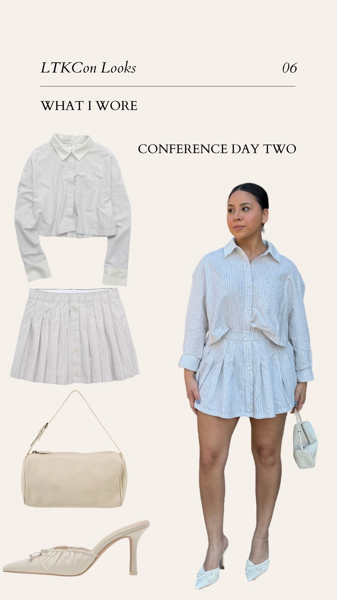 What I wore at LTKCon 
Striped oversized button down: xs 
Striped pleated skort: small
White heels: 7 
The row bag 

#LTKFindsUnder100 #LTKSeasonal #LTKPetite