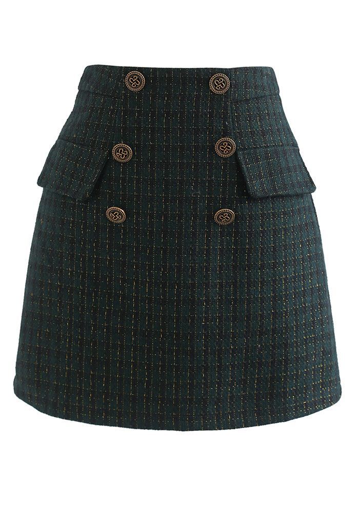 Gingham Pattern Shimmer Tweed Mini Skirt in Green | Chicwish