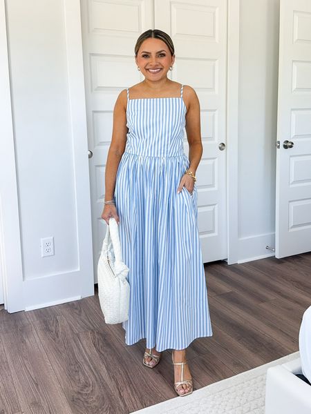 Blue and white stripe midi dress size XS TTS 
Gold heels size 5 TTS 

Wedding guest Dress 
Wedding guest 
Spring dress 
Summer dress 
Spring outfit 
Summer outfit 

Honey Sweet Petite 
Honeysweetpetite

#LTKstyletip #LTKwedding #LTKfindsunder50