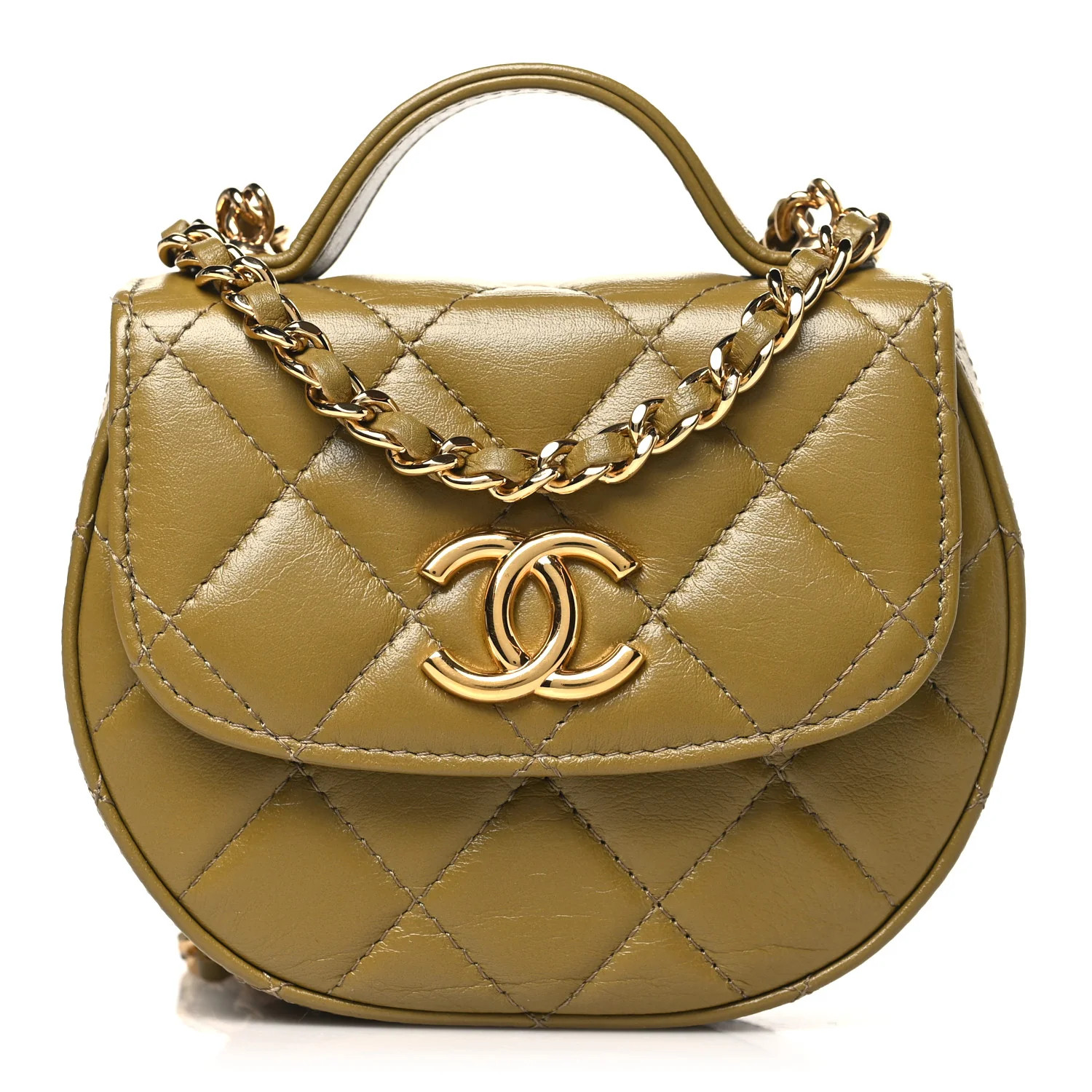 Shiny Aged Calfskin Quilted Mini Top Handle Clutch With Chain Green | FASHIONPHILE (US)