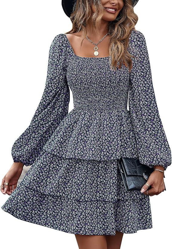 BTFBM Women Square Neck Smocked Dresses 2024 Summer Fall Long Sleeve Floral Swiss Dot Ruffle Part... | Amazon (US)