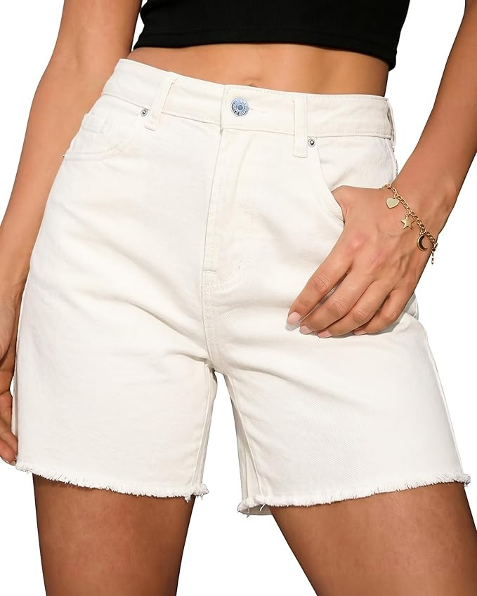 luvamia FleXclusive Jean Shorts for Women Trendy High Waisted Stretchy Denim Summer Raw Hem Mom L... | Amazon (US)