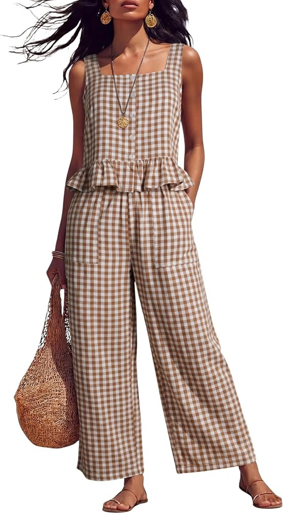 Tanming 2 Piece Sets For Women Plaid Gingham Summer Tank Top Wide Leg Pants Matching Outfit Beach... | Amazon (US)