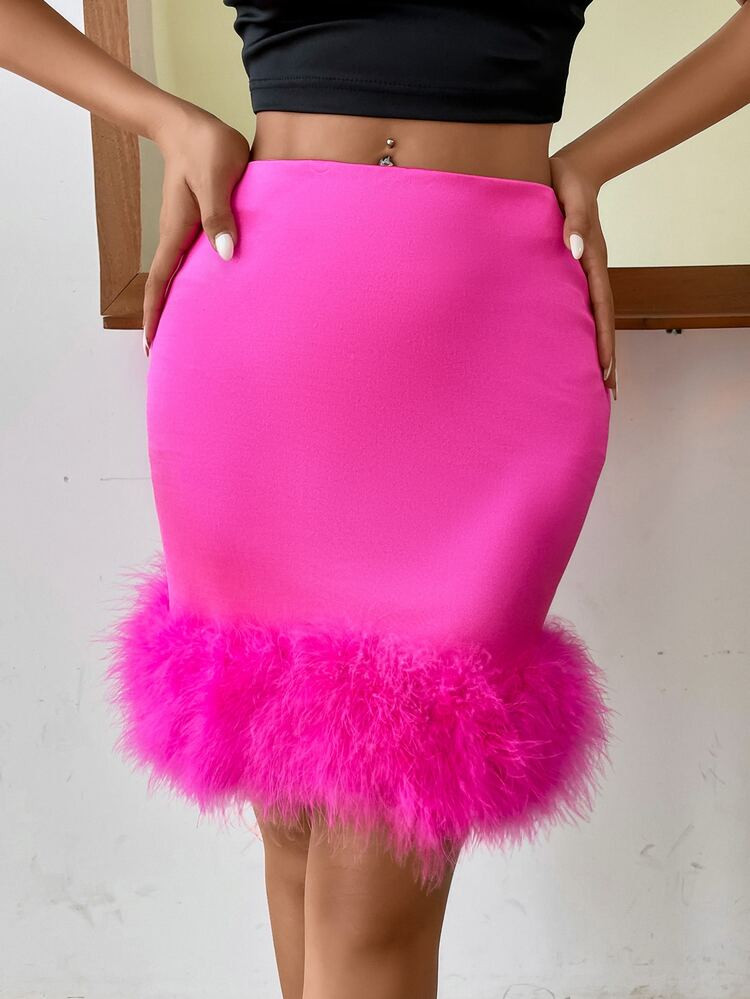 Fuzzy Trim Zipper Back Satin Bodycon Skirt | SHEIN