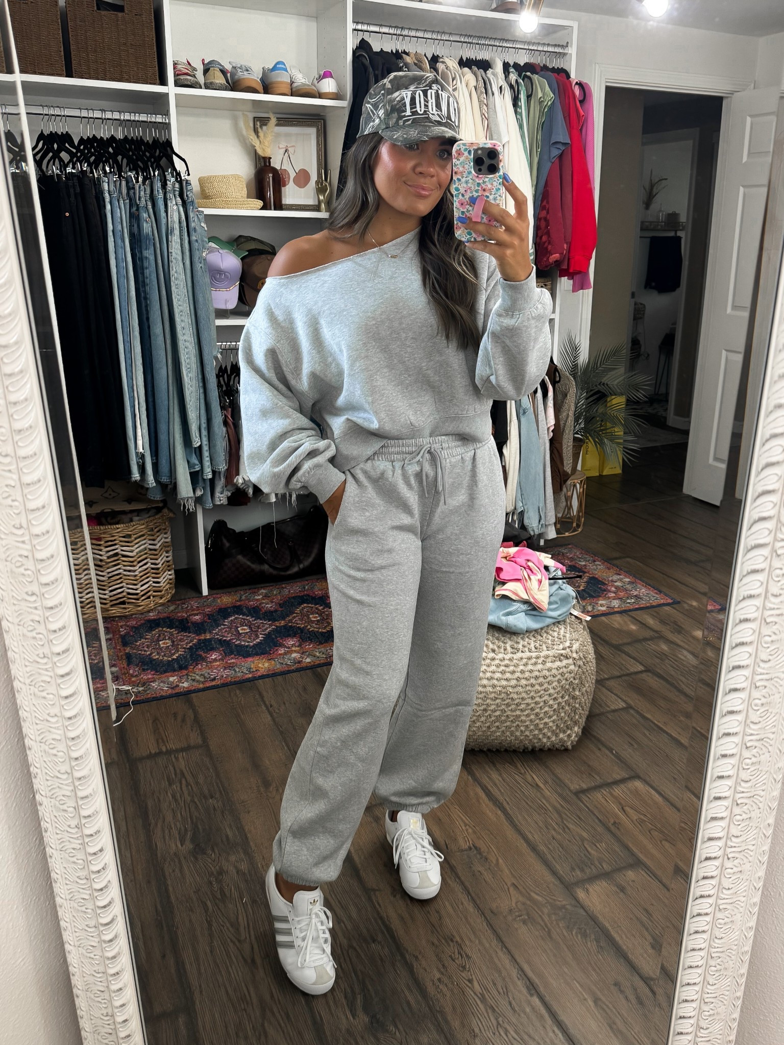 Off shoulder sweatshirt- size small
Jogger sweatpants- size small
Adidas sneakers 
Trucker hat

NSale, Nordstrom sale, matching set, athleisure 

#LTKStyleTip #LTKShoeCrush #LTKSaleAlert