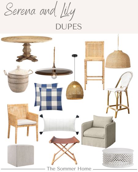 Serena and Lily dupes. 
Farmhouse table, lighting, pillows, leather stools, baskets, 