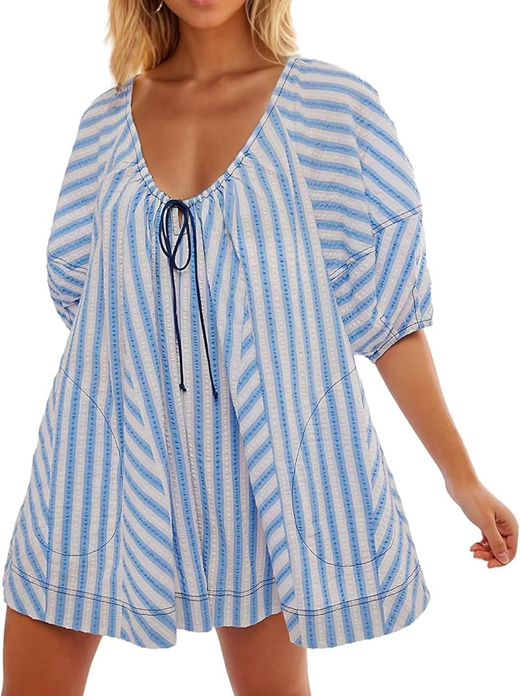 Womens Casual Striped Puff Short Sleeve Romper Scoop Neck Overall Shorts Oversized Mini Dress Jum... | Amazon (US)