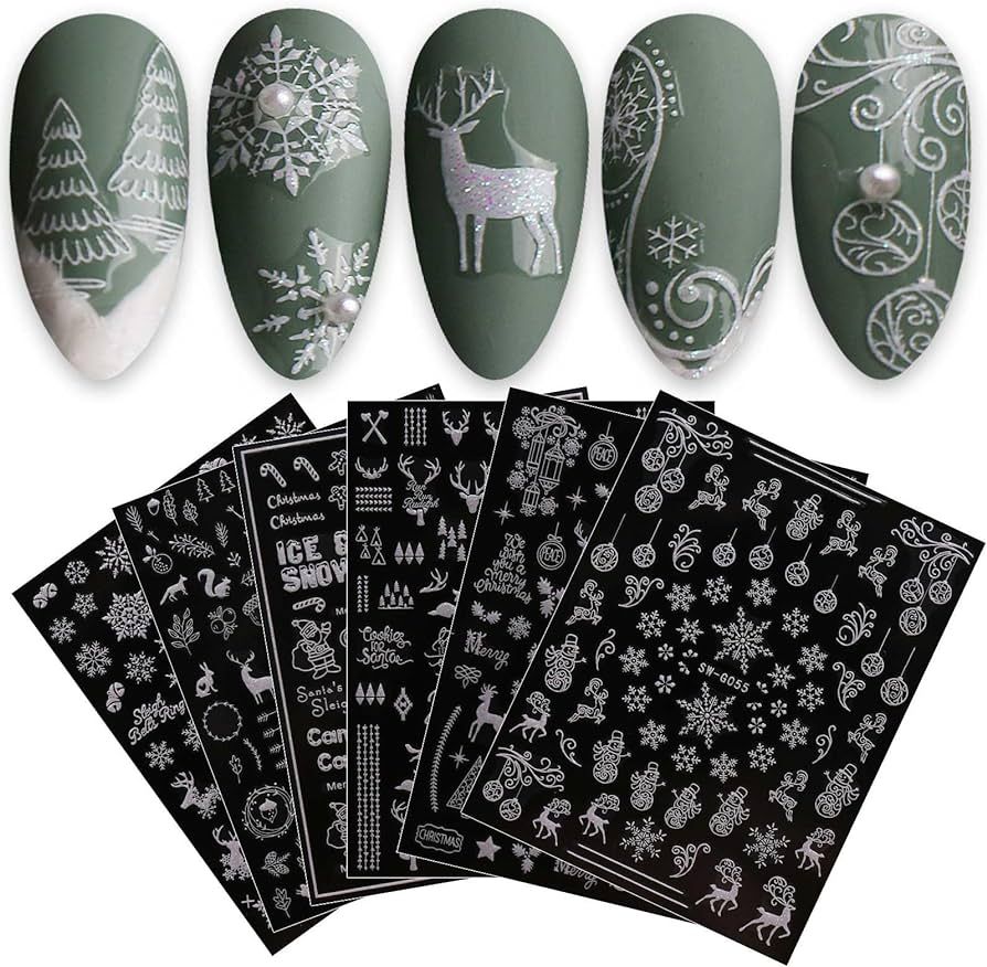 JMEOWIO 9 Sheets Christmas Glitter Nail Art Stickers Decals Self-Adhesive Pegatinas Uñas Snowfla... | Amazon (US)