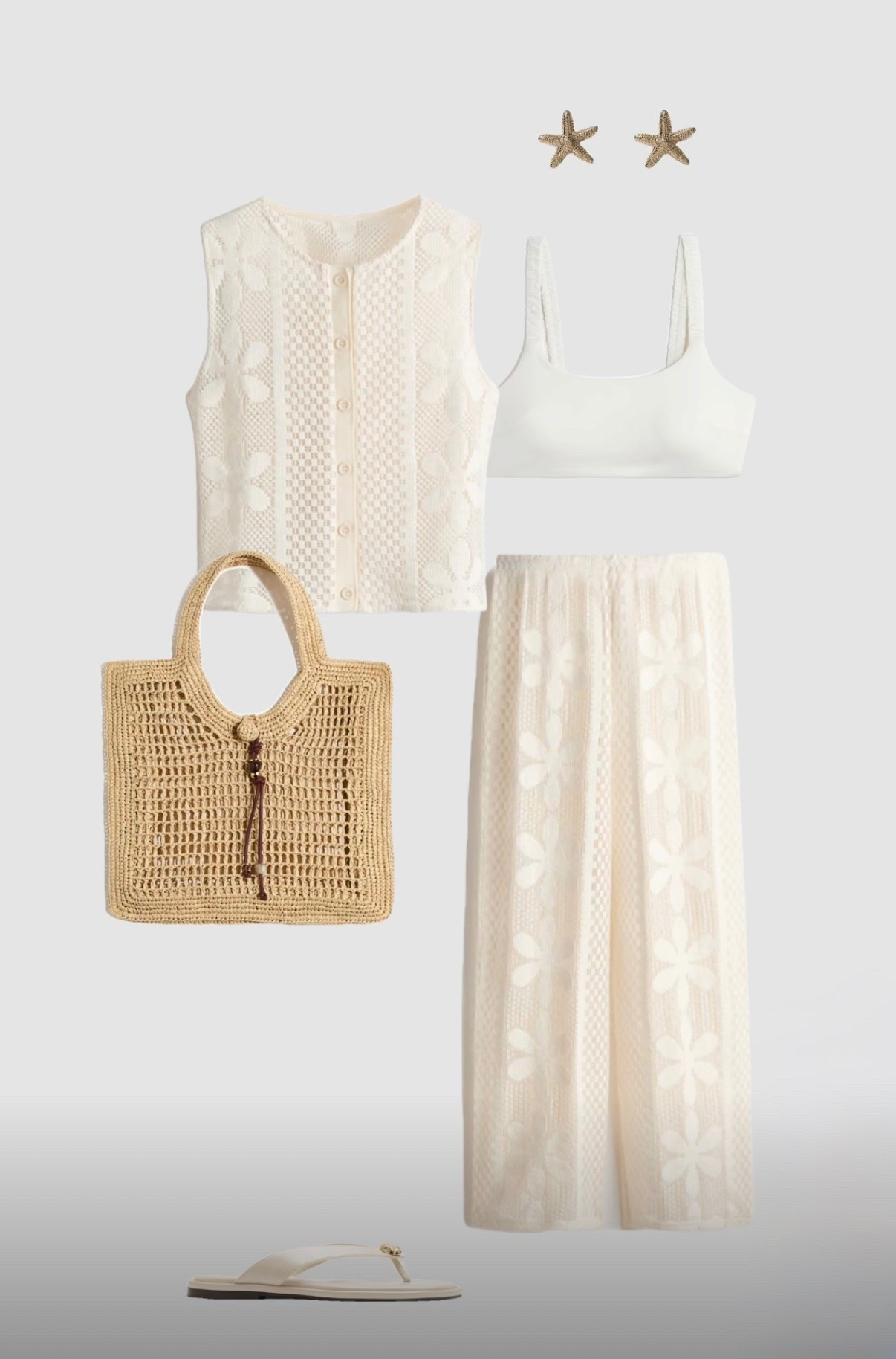 Crochet Cream Vacation Beach Outfit ✨🤍🌊

• top & high waisted trousers holiday pool cover up outfit beach party outfits Ibiza Mykonos Greece outfit cream flip flop sandals woven beige bag womens trendy outfit 2026 •



#LTKspring #LTKtravel #LTKuk