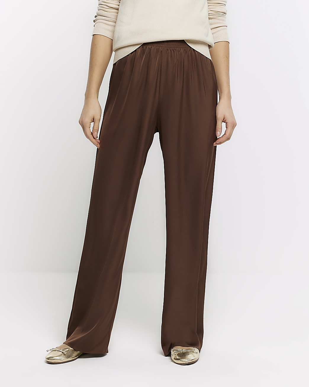 Brown satin wide leg trousers | River Island (UK & IE)