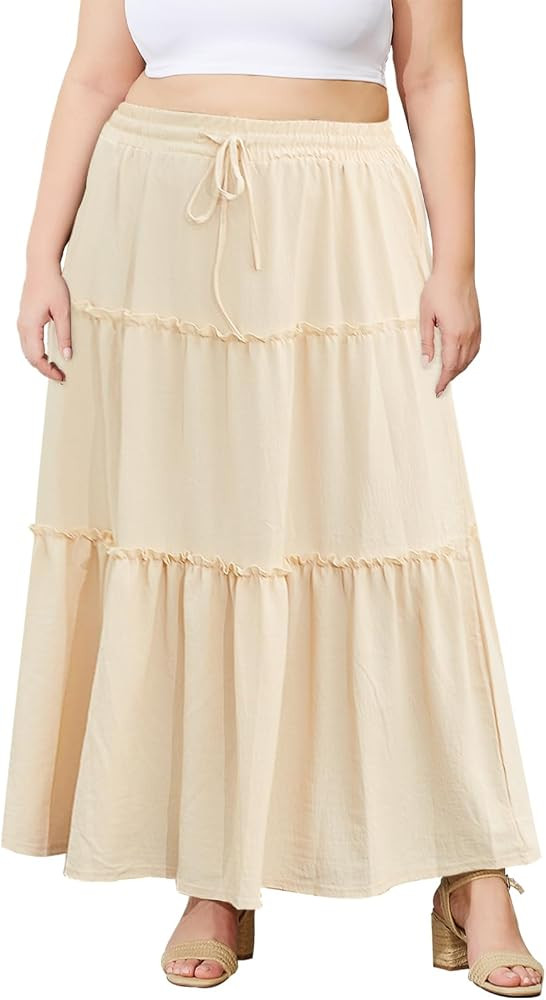 Moon Wood Plus Size Maxi Skirts for Women Trendy Long Flowy Boho Tiered Skirt Renaissance Summer ... | Amazon (US)