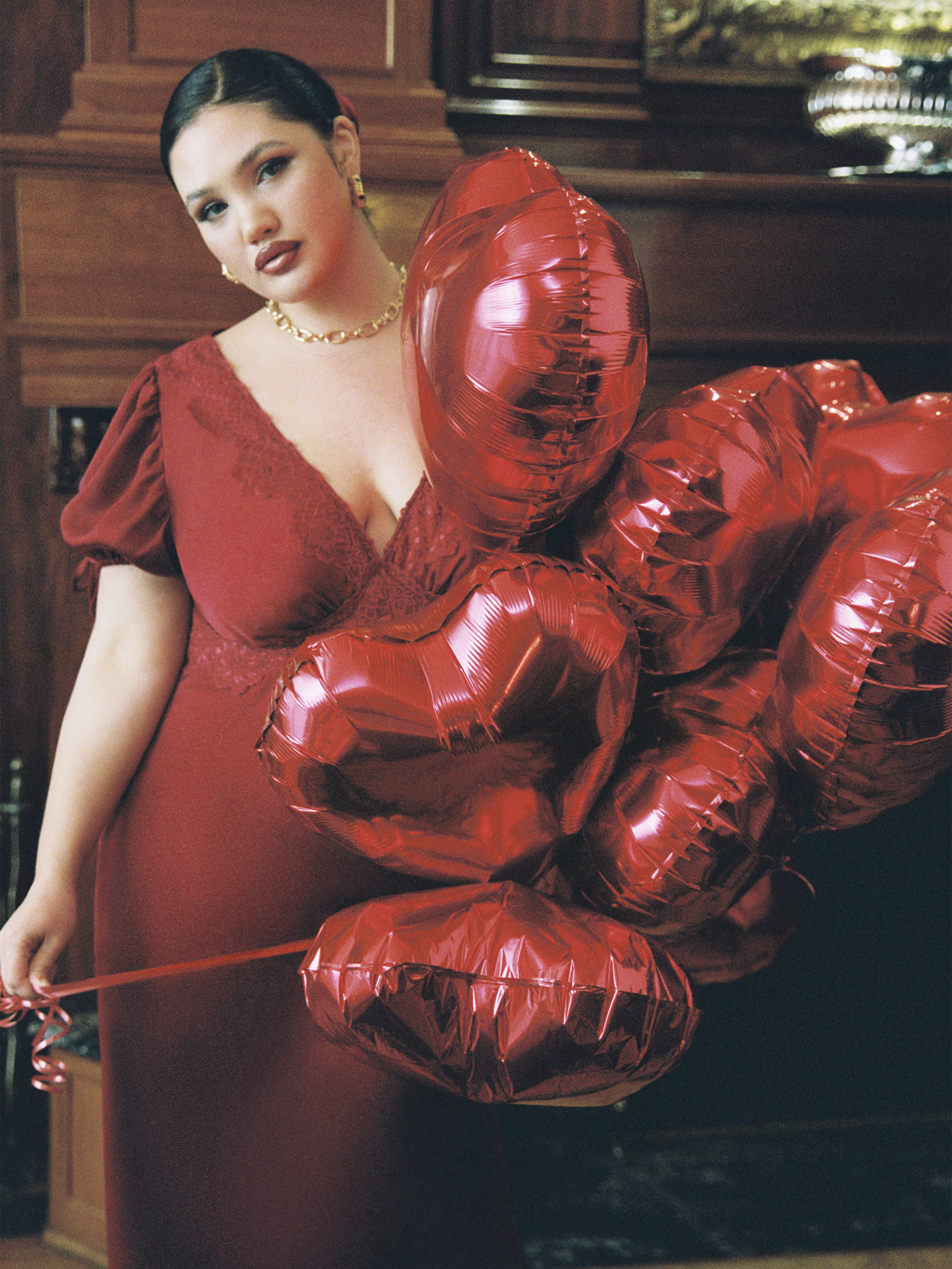 Satin Satin V-neck Lace Puff Sleeve Knotted Maxi Dress Curve & Plus For Date | Cider