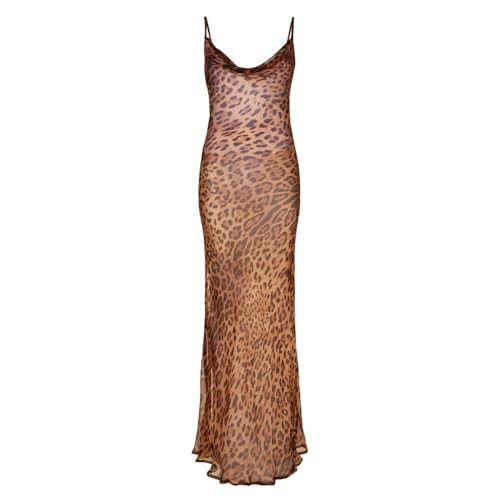 YISHATIER Leopard Print Draped Collar Spaghetti Strap Cami Long Dress Party Rave Prom Perspective Midi Cami Bodycon Dresses (Leopard,L,Large) | Amazon (US)