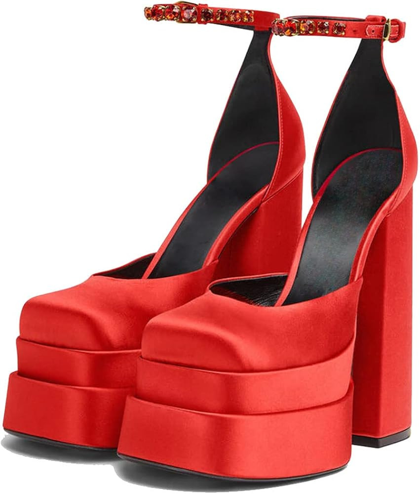 VIMISAOI Chunky Block Heels for Women Fashion Square Toe Ankle Strap Buckle Rhinestones Wedge Silk S | Amazon (US)